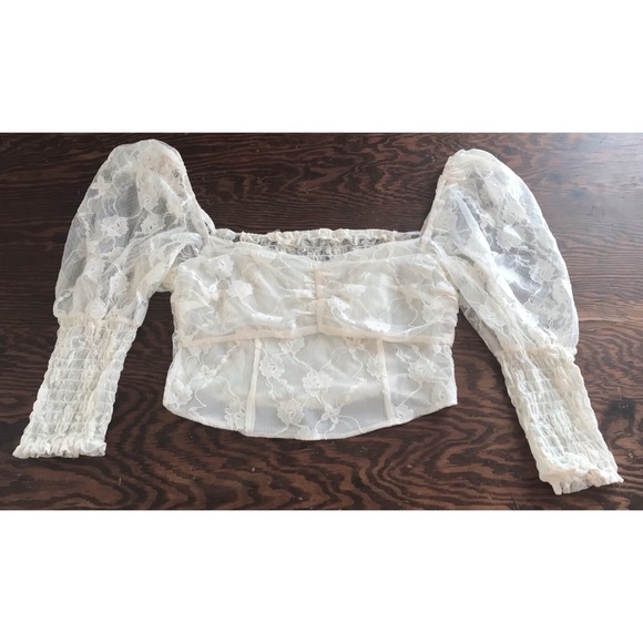 cream lace princess puff sleeve 3/4 length crop L - Picture 1 of 6